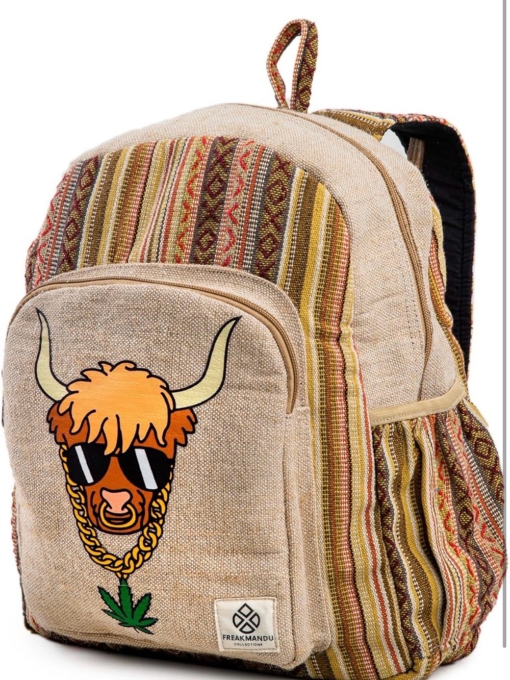 Freakmandu Hemp Patch Backpack with Fun Bull Graphic - Beige & Multicolor - Picture 3 of 5
